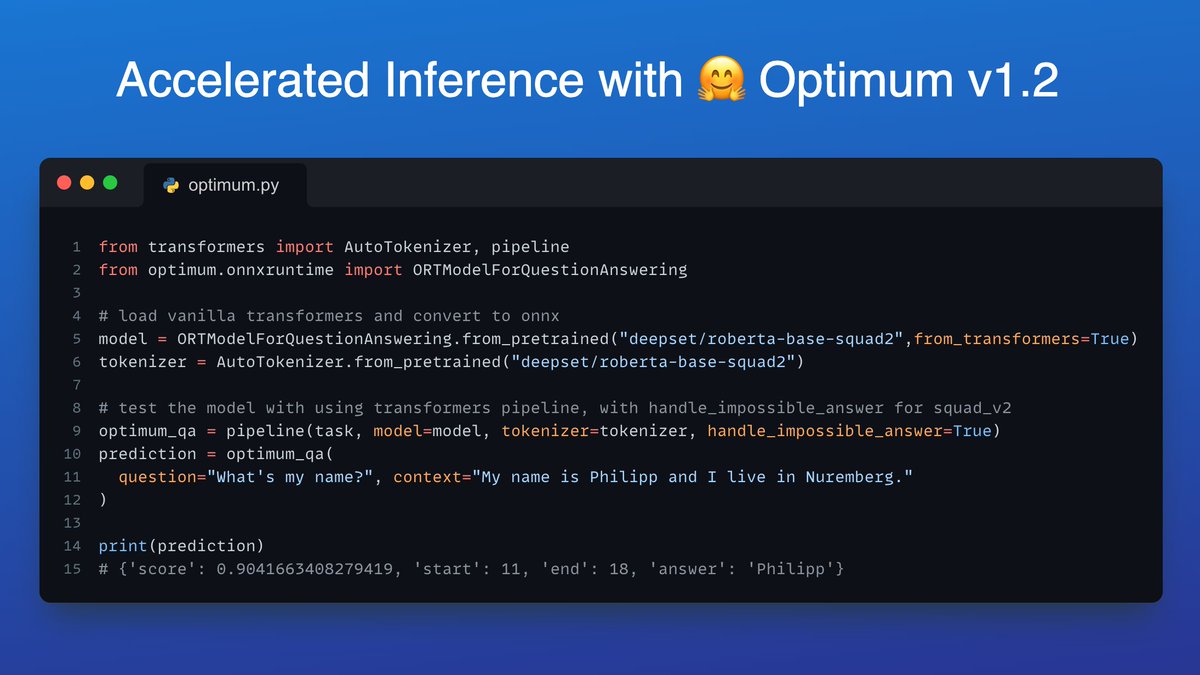 Optimum v1.2 adds ACCELERATED inference pipelines - including text generation - for @onnxruntime🚀 Learn how to accelerate RoBERTa for Question-Answering including quantization and optimization with 🤗Optimum in our blog 🦾🔥 📕huggingface.co/blog/optimum-i… ⭐️github.com/huggingface/op…