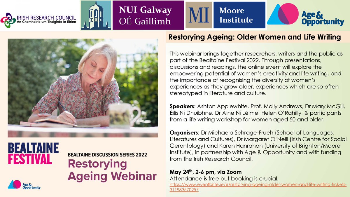 There's still time to register for our exciting Restorying Ageing webinar! It's free but please make sure to sign up in advance:
eventbrite.ie/e/restorying-a…
<a href="/HelenORahilly/">Helen O'Rahilly</a> <a href="/thischairrocks/">Ashton Applewhite</a> <a href="/AineNiLeime/">Aine Ni Leime</a> <a href="/MsMaryMcGill/">Dr Mary McGill</a> <a href="/IrishResearch/">We are now Research Ireland</a> <a href="/BealtaineFest/">Bealtaine Festival</a> @ArtsNUIGalway @icsg_nuig <a href="/galway_and/">Uni Galway, Languages, Literatures and Cultures</a>