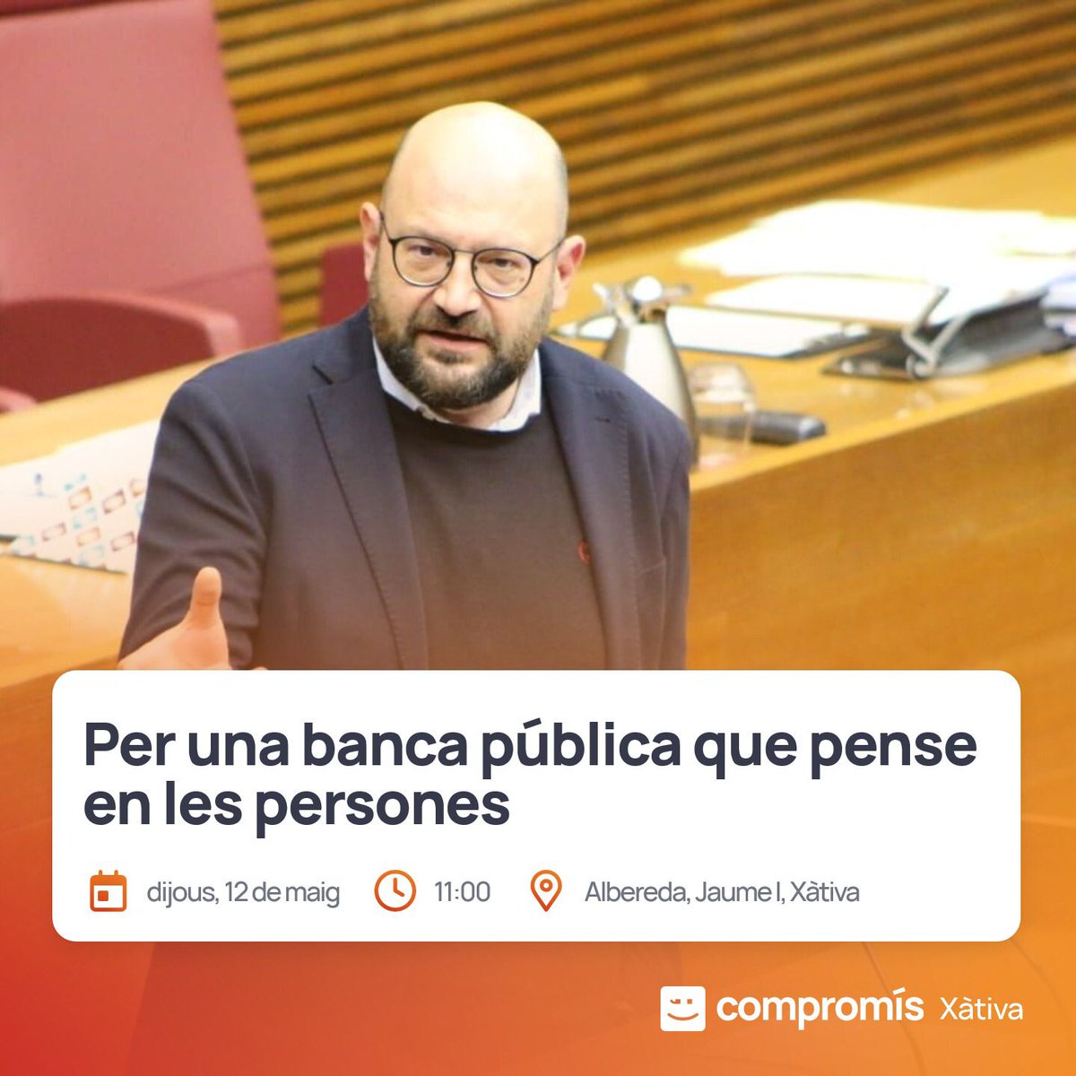 JovesXativa's tweet photo. 🗓 Aquest dijous de matí tindrem la visita de Jesús Pla, per presentar la campanya: Per una banca pública que pense en les persones. Ens veiem a les 11:00 per repartir flyers davant del BBVA 💶 https://t.co/n3rW1z3qKt