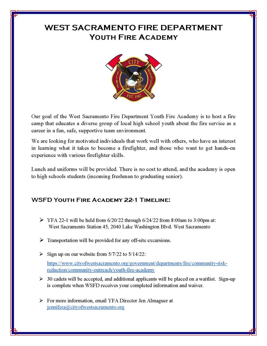 West Sac Fire is hosting a Youth Fire Academy! Visit bit.ly/39QLYOV for more information.