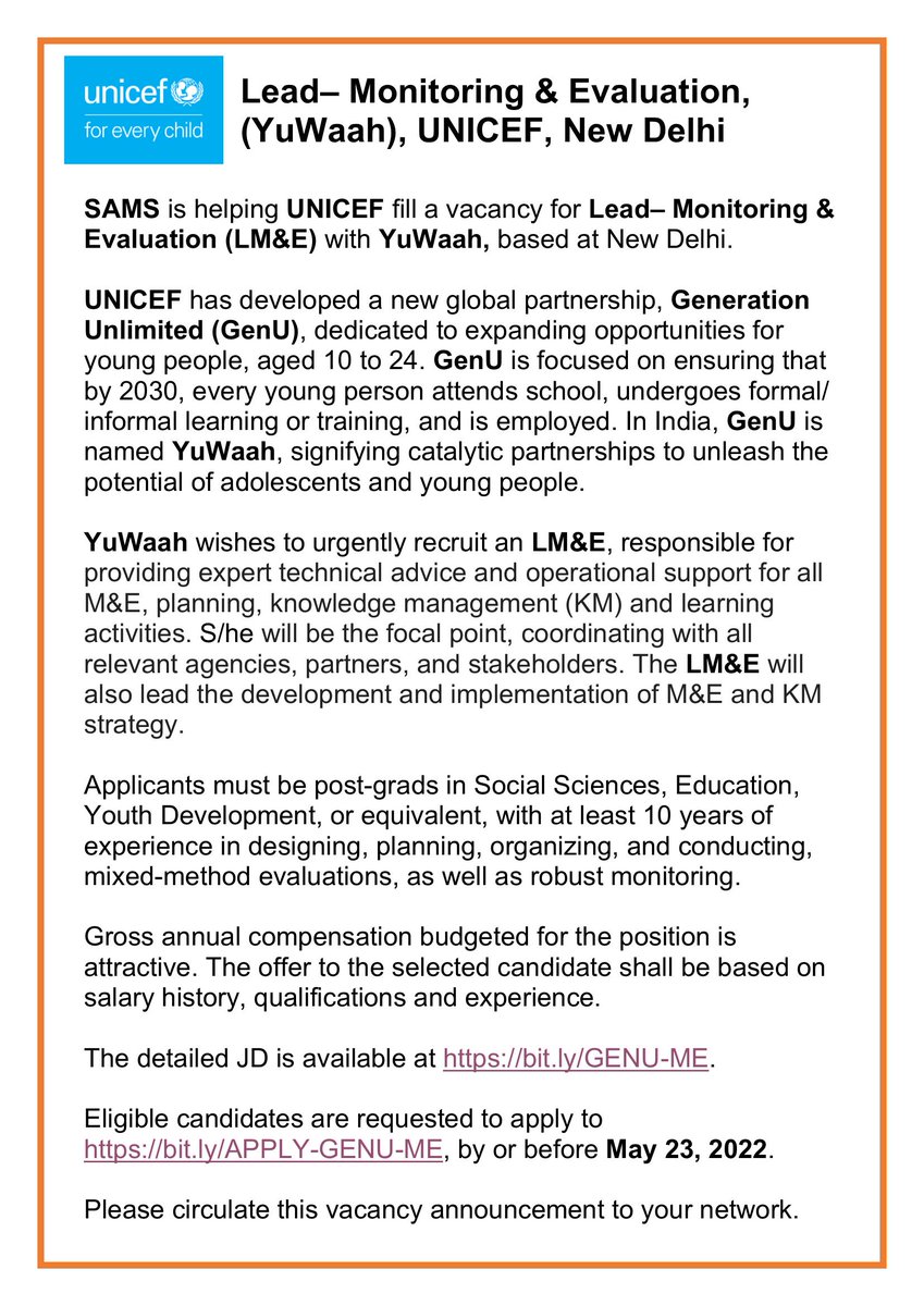 SAMSJobs's tweet photo. Vacancy for Lead– Monitoring &amp; Evaluation (LM&amp;E), YuWaah, UNICEF, New Delhi

Please view the attachment and visit https://t.co/ImAezIY5Cr for details.

#monitoringandevaluation #knowledgemanagement #learninganalytics #datanalysis #analyticsjobs #RBM #UNICEFIndia https://t.co/zQXB9VVtej