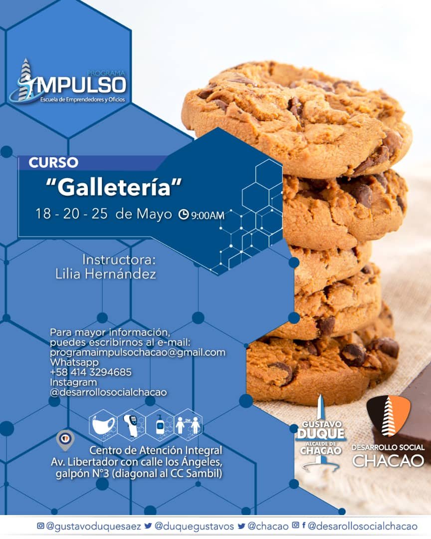 La Dirección de Desarrollo Social de la alcaldía del municipio Chacao del estado Miranda organizó talleres de repostería, carpintería para diseño de cocinas, peluquería y galletería para mayo y junio.

<a href="/Chacao/">Alcaldía de Chacao</a> <a href="/duquegustavoS/">Gustavo Duque Sáez</a>
