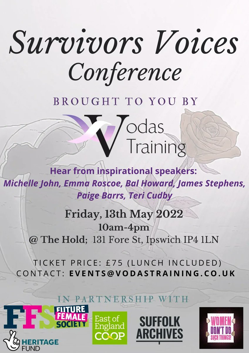 FFS1future's tweet photo. The Survivors Voices Conference is coming up this Friday 13th May
Hear from inspirational speakers talking about their experiences with domestic abuse 

Contact @vodastraining for tickets at
events@vodastraining.co.uk https://t.co/spEMNLudEc