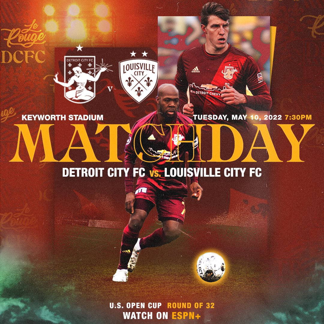 DetroitCityFC's tweet photo. It's a fight of the fleurs-de-lis tonight as we look to advance in the @opencup! ⚜️

🆚 @loucityfc 
🕢 7:30 pm
🏟️ Keyworth Stadium
🎟️ https://t.co/qZrEvLx9jp
📰 https://t.co/9kvLh8Kfii
Watch tonight's match on ESPN+ and follow @detroitcityfcm for all your match updates!

#DCTID https://t.co/lThYPeplnD