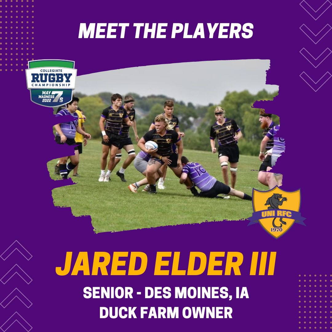 UNIMensRugby's tweet photo. Today’s player is Jared Elder III (@Jared_Elder3), a senior from Des Moines, IA! Jared serves as the Vice President of the team, coaches @WaterlooRugby1, and he’s a proud duck farm owner! #BornInTheWoods #CRC7s https://t.co/ARx99Lamd8