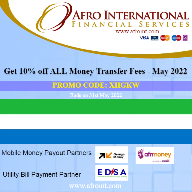 10% off ALL Money Transfer Fees - May 2022 - mailchi.mp/afroint/10-off… #SierraLeone