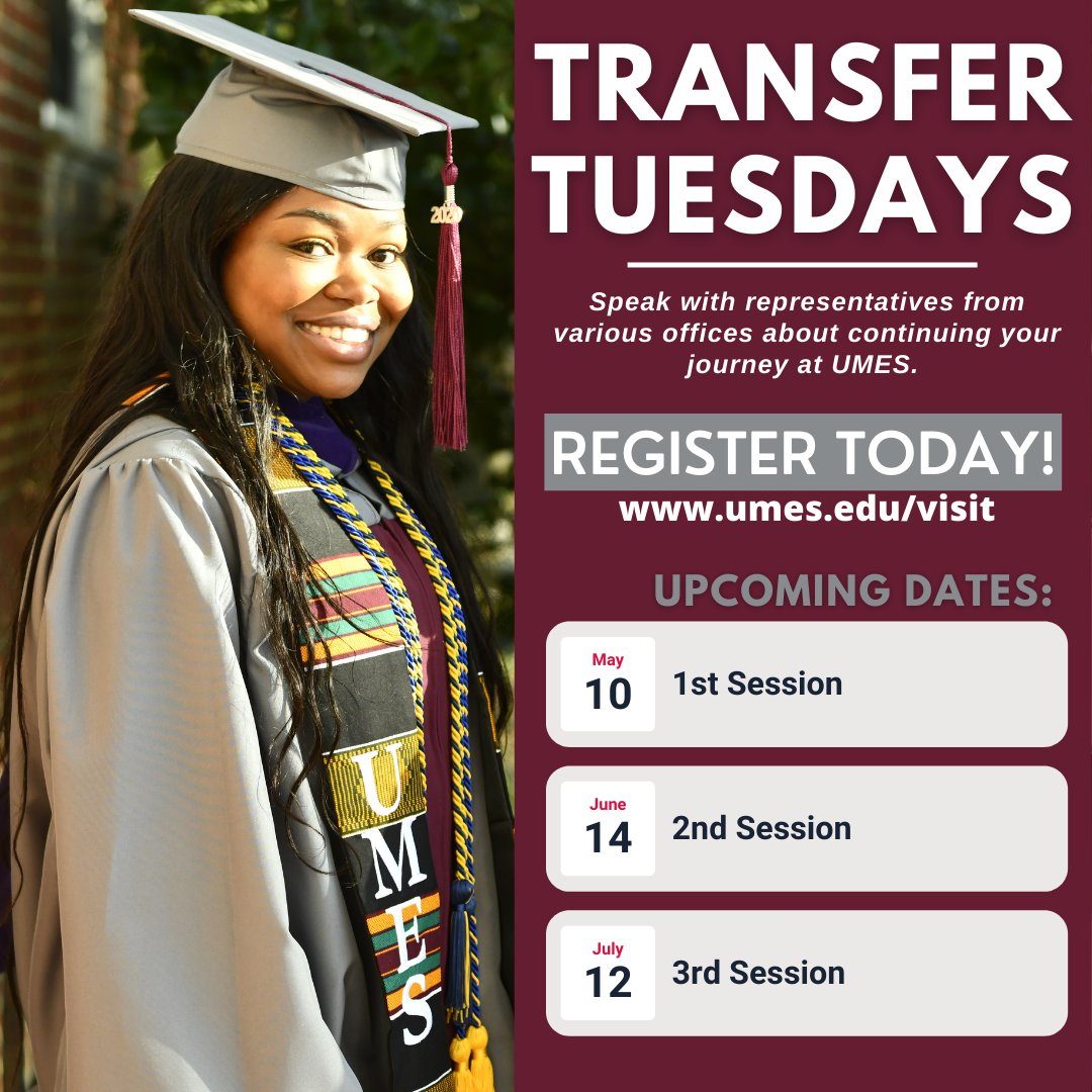 Today is our first #TransferTuesday! We can't wait to see you there starting at 5:30 pm. Are you a transfer student looking to attend and learn more about continuing your journey at #UMES? You can still sign up at umes.edu/visit