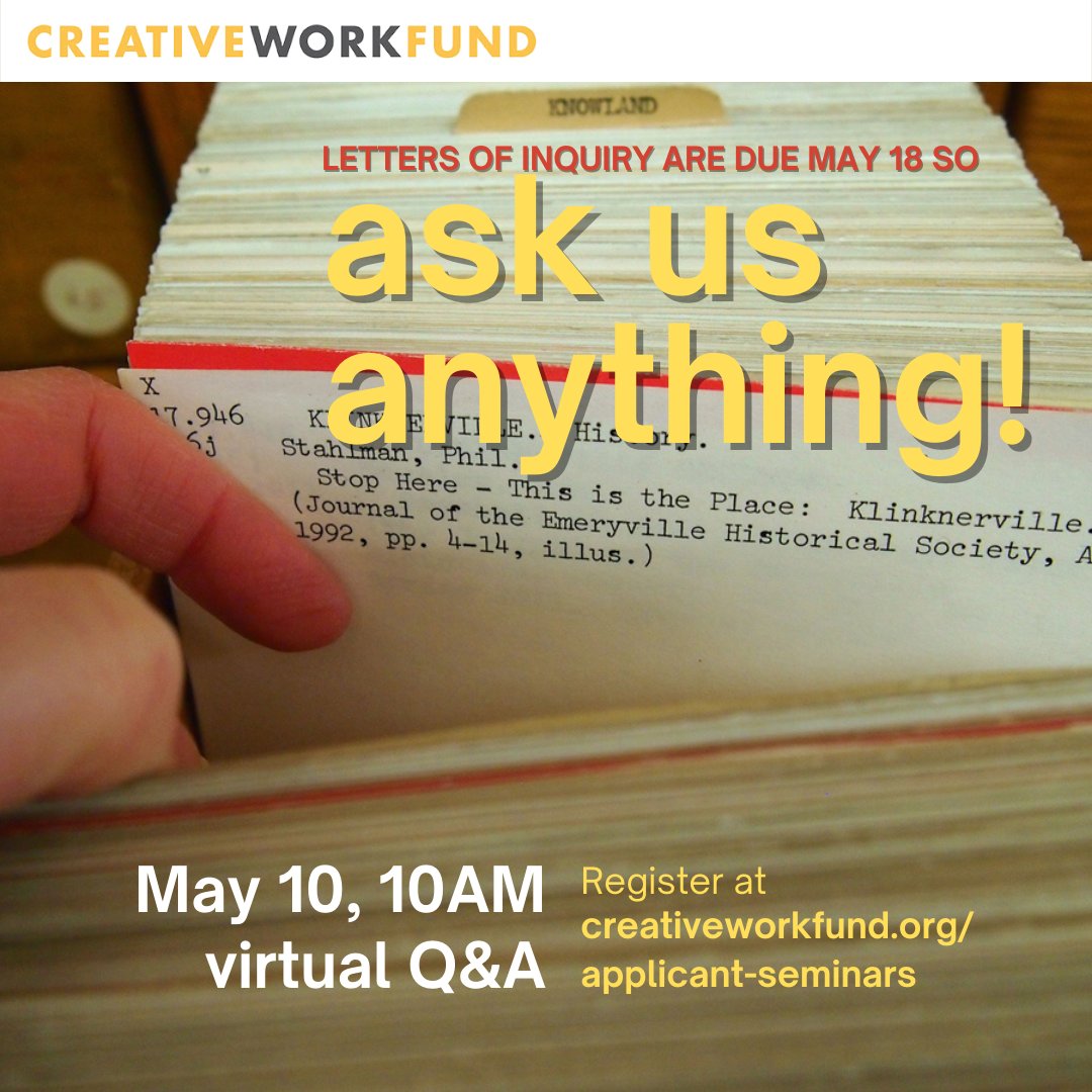 In one hour! Ask us anything about the Creative Work Fund LOI application. 
Register here: ow.ly/5TFV50J47ck

#artists #artistgrants #bayarea