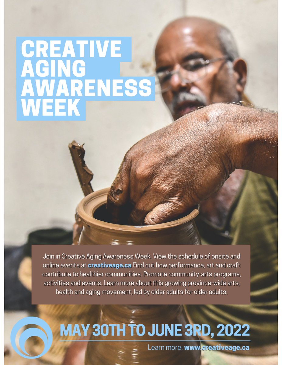Get involved! Creative Aging Awareness Week May 30th - June 3rd.  Step 1 - take a photo of creative seniors, work or event. Upload to Twitter with #creativeaging2022.  Step 3 - our communications team will share &amp; comment to help you spread the word.
