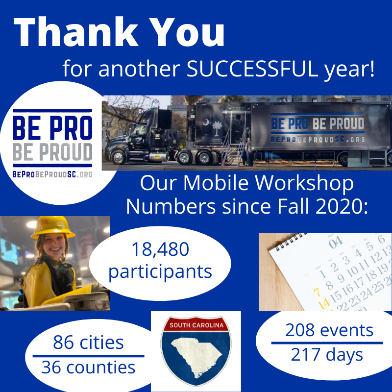 Thank you to the State of South Carolina and to all the sponsors and schools who have offered time, money, and energy to make this idea a reality -- we are working to close the Skills Gap one student at a time! Request YOUR 2022-23 Tour Stop at beprobeproudsc.org/get-involved TODAY!