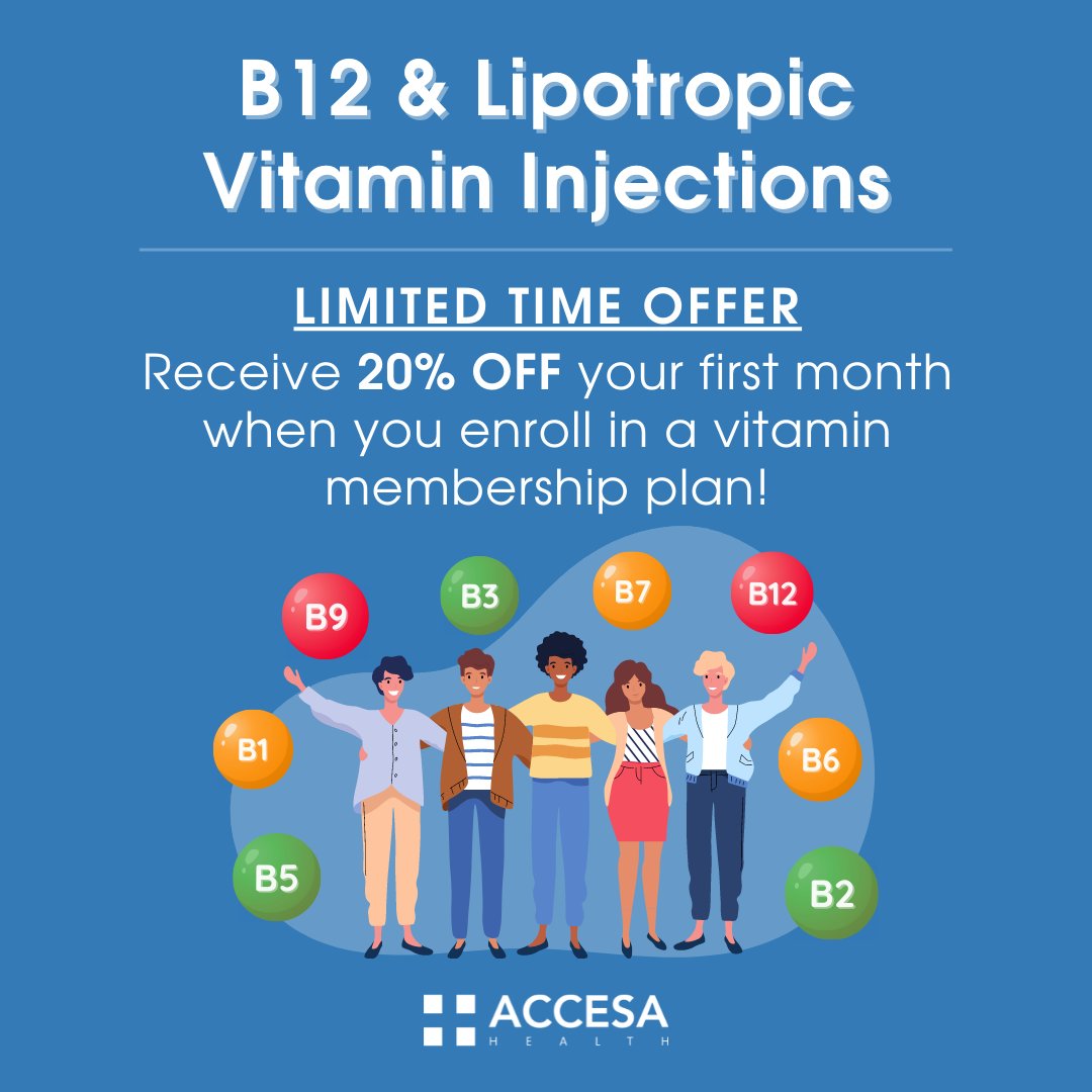 AccesaHealth's tweet photo. Improve how you feel and elevate your wellness by incorporating our medical-grade vitamin injections. We offer B12 and Lipotropic plans that combine effective boosts of B7 (Biotin) &amp; B9 (Folic Acid) vitamins. (Promo ends 5/31/22. Speak to a team member for full details.) https://t.co/y79HmEkmn4