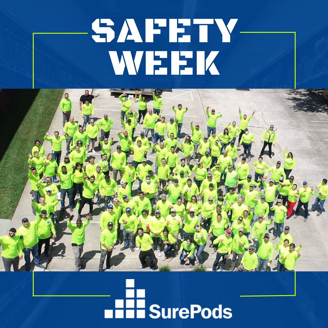 surepods's tweet photo. Check out this awesome group photo of SurePods East team during Safety Week. Shoutout to everyone who wore the new safety yellow shirts! 

#surepods #safety #prefab #safetyweek #construction #manufacturing #bathroompod #pod #prefabrication https://t.co/hFIDTYykFL