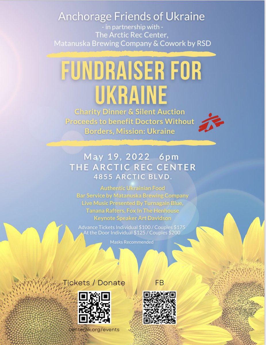Les_Gara_InAk's tweet photo. #JoinHer🇺🇦 Last month I met a strong young woman who calls her parents every day in Ukraine. She’s helped organize a May 19 dinner & auction in Anchorage. Funds go to Doctors Without Borders. Please donate, buy a $100 dinner ticket or sponsor a table. https://t.co/QJlKnk7FTM. https://t.co/N9kRmZtUCj