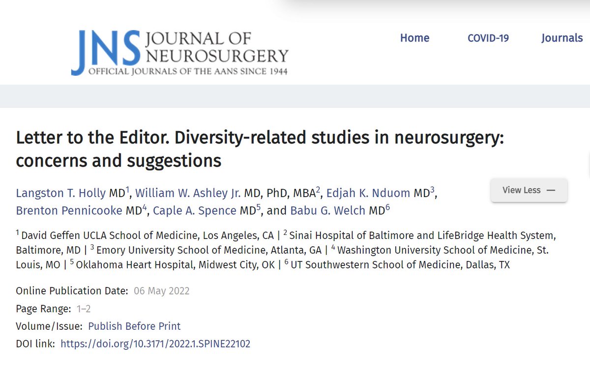 Proud to have co-authored this letter to the editor in @TheJNS together with other @amsobns members: 'Letter to the Editor. Diversity-related studies in neurosurgery: concerns and suggestions'. Thank you, @JNSPG_EIC for publishing it. @aansneuro A couple of key takeaways: 1/3