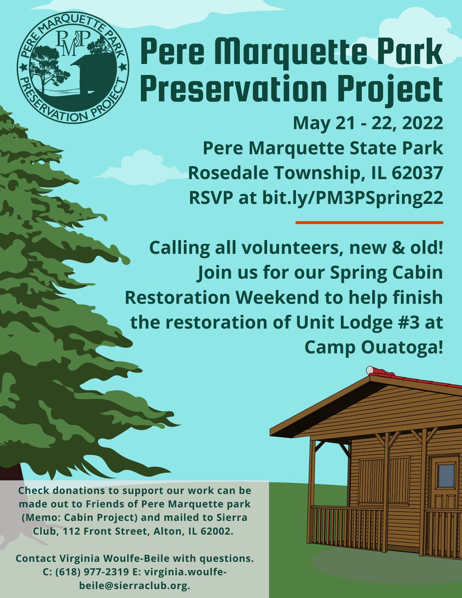 It's not too late to register to join us for the 10th annual Pere Marquette Park Preservation Project! Volunteers will head to camp on May 21 &amp; 22 to restore Unit Lodge #3. RSVP by TOMORROW, May 17 to join us at Camp Ouatoga this weekend! 🌲🏕️🛠️

RSVP➡️ bit.ly/PM3PSpring22