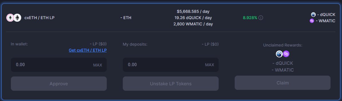 With the NEW beta <a href="/QuickswapDEX/">QuickSwap 🐲 DragonFi 2.0</a> UI, it is so easy to see the best way to collect rewards on #cxETH and #ETH on Polygon. 

Impermeant Loss Protection🛡️
Currently earn ~8.9% on ETH 💸
Cheap gas⛽&amp; Fast Transactions 👟

#PolygonNetwork #CelsiusX #defi #LiquidityProvision #LP #dex