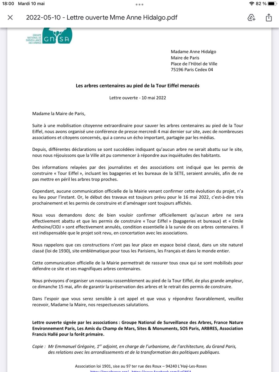 👇Notre lettre ouverte à la Maire de Paris demandant une déclaration officielle de préservation des arbres et d’annulation des permis des constructions au pied de la #TourEiffel ⁦@GNSA_arbres⁩ ⁦@NatachaQS⁩ ⁦@MarionVanR⁩ ⁦@QsB75⁩ ⁦⁦@TanguiLeDantec⁩