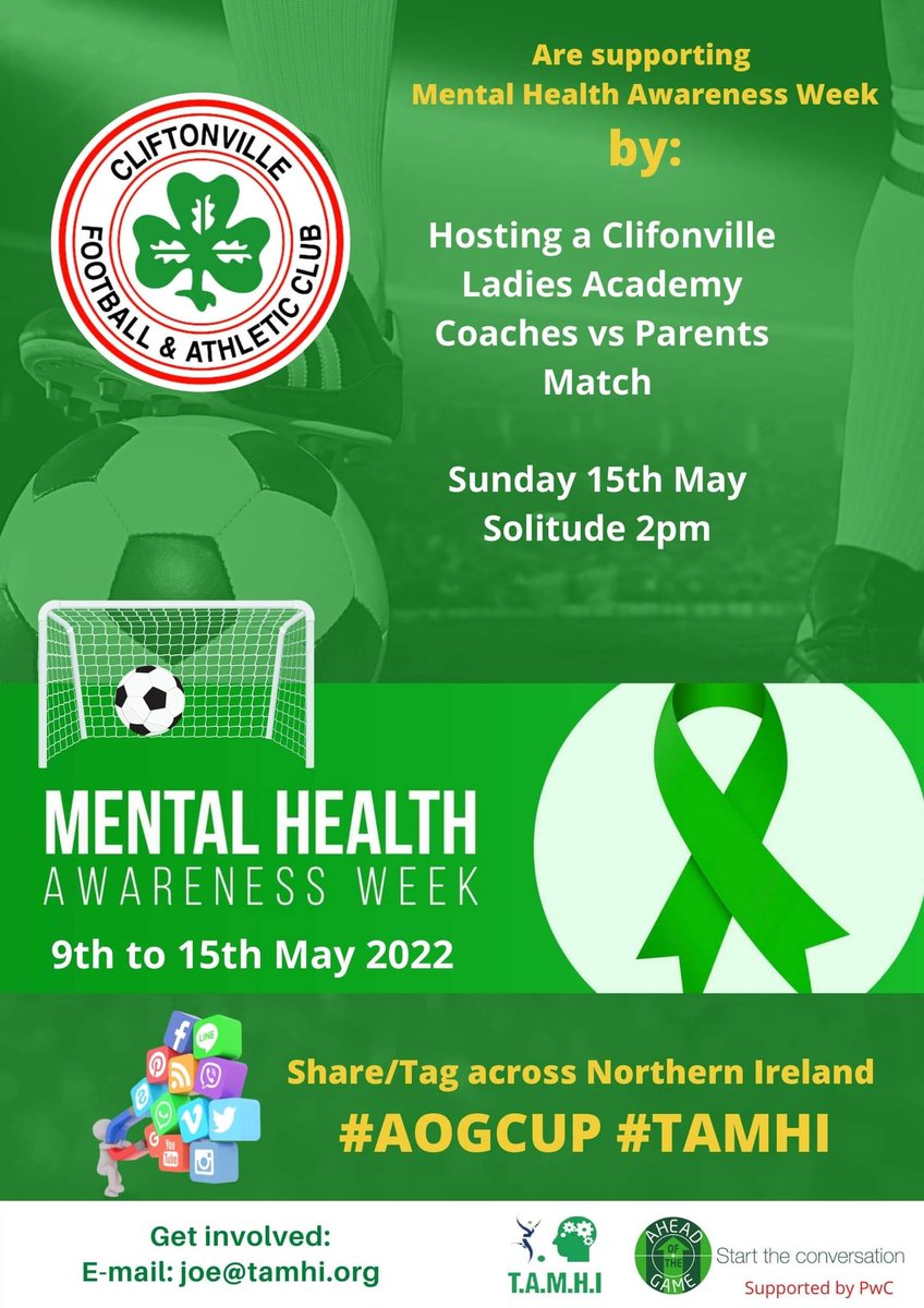 cliftonvillefc's tweet photo. ⚽️ As part of #MentalHealthAwarenessWeek, we're hosting a game between Cliftonville Ladies Academy coaches and our players' parents at Solitude this Sunday. #AOGCUP #TAMHI
➡️ https://t.co/vC8bs7yLjL https://t.co/wqfWmgbWV1
