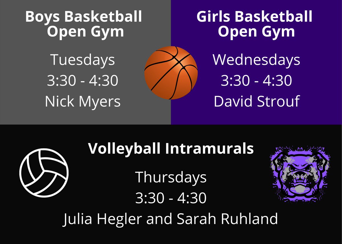 <a href="/RCHS_Bulldogs/">Reuther Bulldogs</a> has open gyms and intramurals starting this week! See the pic for more info 🏀🏐
