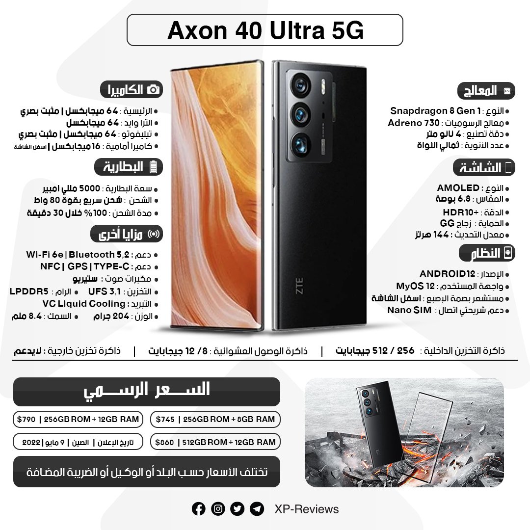 xp_reviews's tweet photo. #هواتف_ZTE

◀ ملخص تغطية مؤتمر شركة ZTE للإعلان عن سلسلة هواتف ZTE Axon 40 في الصين.

▪ مواصفات &amp; سعر سلسلة هواتف  ZTE Axon 40  في الصور ❤👇👇

◀ إذا أعجبك المحتوى لاتبخل علينا بريتويت ❤❤

#XPReviews
#ZTE 
#ZTEAxon40Pro5G
#ZTEAxon40Ultra5G https://t.co/N3agxxKOgu