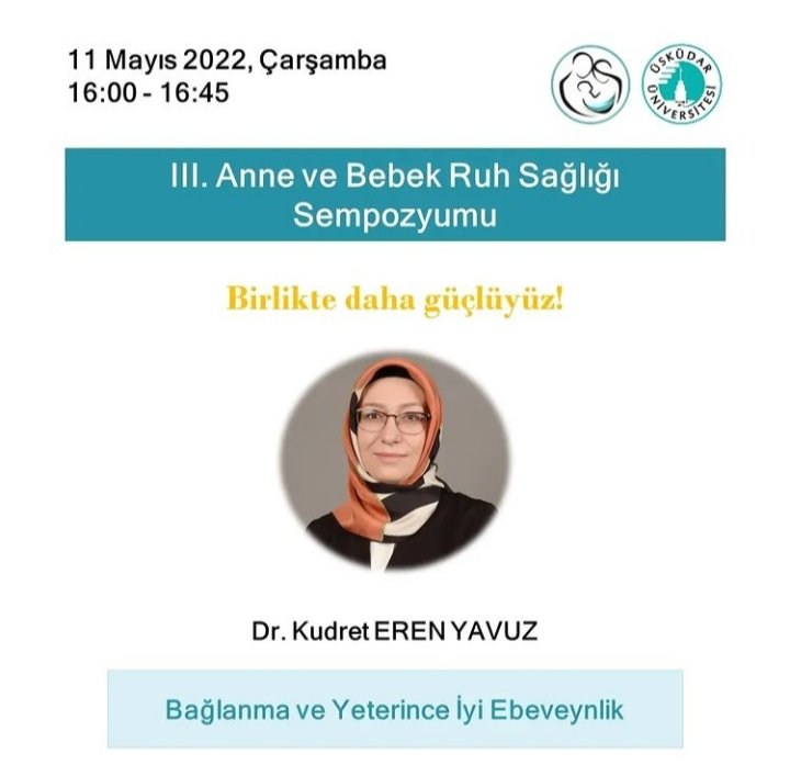 AnneBebekUsk's tweet photo. Sevgili Kudret Eren Yavuz, 
"Bağlanma ve Yeterince İyi Ebeveynlik" konulu paylaşımı ile bizlerle olacak.
11 Mayıs Çarşamba
Saat 16:00-16:45
Bekliyoruz🎉
Sempozyuma daha önce verilen ve bio kısmında görülen linkten katılım sağlayabilirseniz. @HuseyinUnubol https://t.co/kL6P3gmTiM
