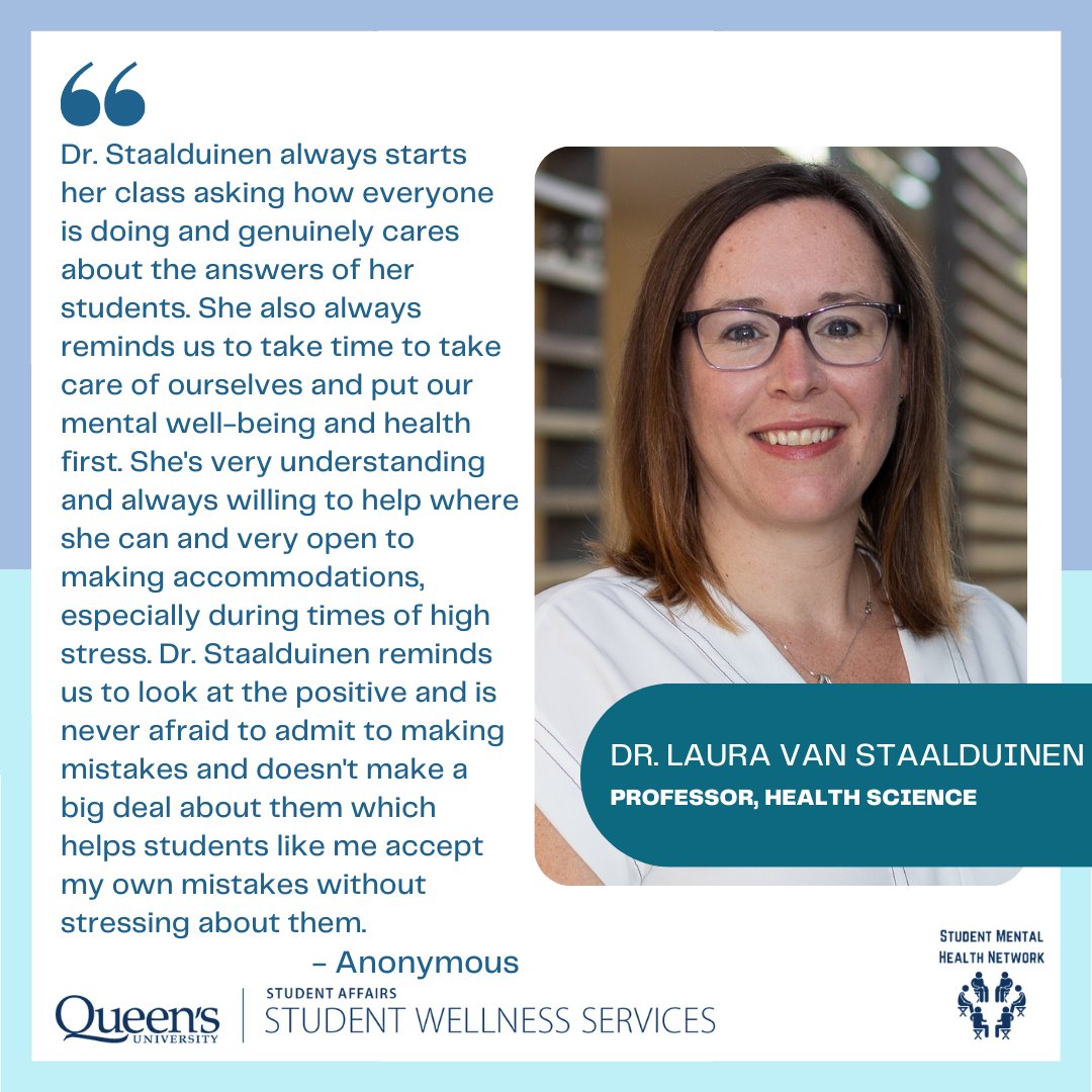 Champion for Mental Health, Dr. Laura van Staalduinen. Thank you for all that you do to support student mental health and wellbeing. Click the link in the bio to hear what this Queen's community member has to say about student mental health. #studentmentalhealth #queensu