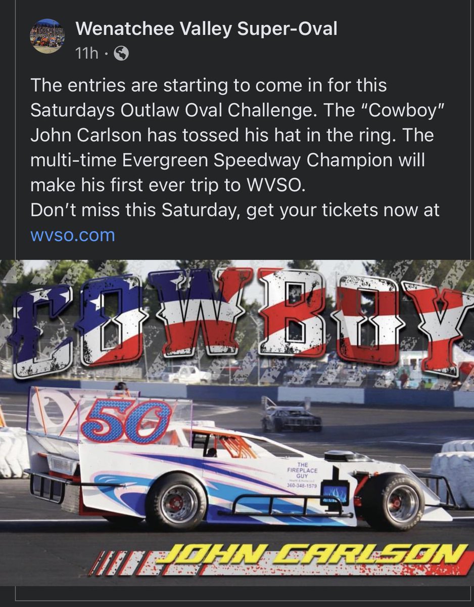 8_northwest's tweet photo. Even Cowboy is gonna make the #outlawovalchallenge this year @wvso Make sure to grab tickets so you don’t miss the action at Wenatchee valley super oval May 14! #keepracingfun #racingisforeveryone #FEAR #FEARmeetsOval #figureeightautoracing #PNW #NWF8 https://t.co/DTIp5X1fpL