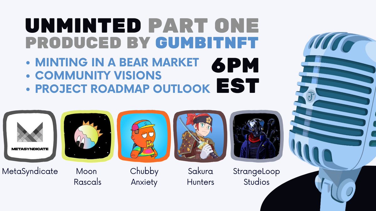 GumbitNFT's tweet photo. We have two back-to-back events this evening 🎙️ tune in at 6PM EST when we kick off the first with @meta_syndicate @moonrascalsnft @ChubbyAnxiety @Sakurahunters_ (welcome back nerE!) and @strangelooptv https://t.co/epAF0Avs7y https://t.co/6qZuN5WTZn