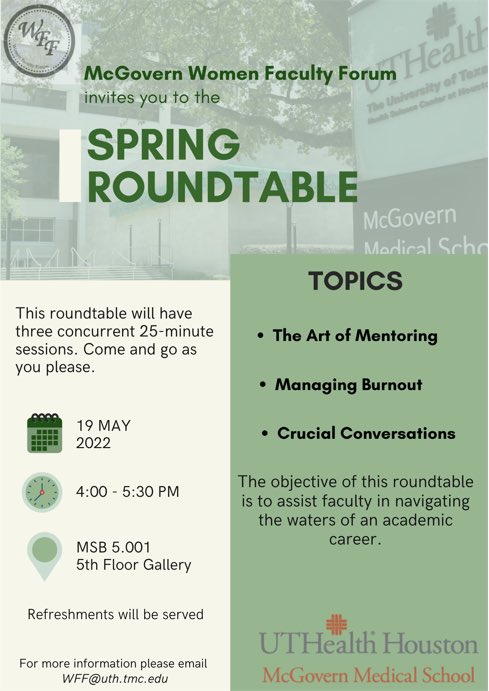 Looking forward to our first in-person ⁦<a href="/UTHealthHouston/">UTHealth Houston</a>⁩ ⁦<a href="/McGovernMed/">McGovern Med School</a>⁩ WFF event next week!