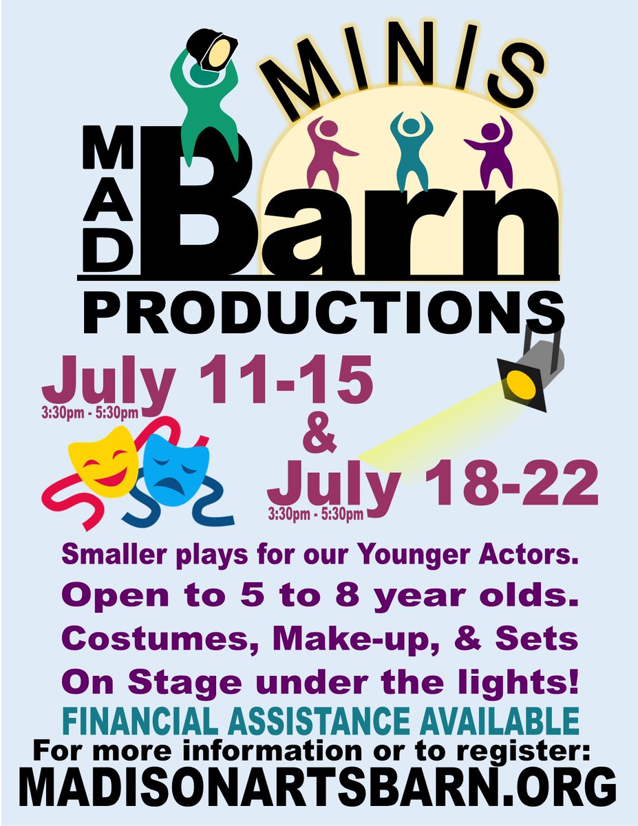 TheBarn8's tweet photo. Does your 5-8 year old enjoy performing in front of friends and family? Then this MadBarn Minis program is for them!
Financial assistance available, contact Robyn at Madisonartsbarn@gmail.com.
Register here: https://t.co/6geajMlRpI
 #summerprograms #actingforkids #summervaction https://t.co/gxjxwHQ1hI