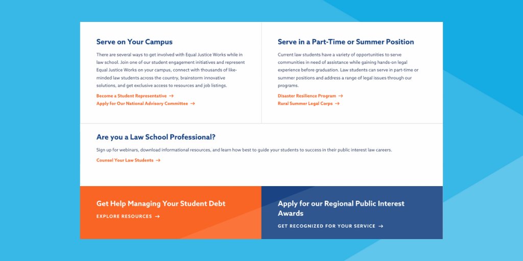 EJW_org's tweet photo. #EqualJusticeWorks creates a continuum of lawyers dedicated to public service by facilitating opportunities in #LawSchool & beyond. Check out our on- & off- campus opportunities, and sign up for our law student mailing list to stay in the know: https://t.co/y0D56ckKUD https://t.co/DH6aRI3Gfr