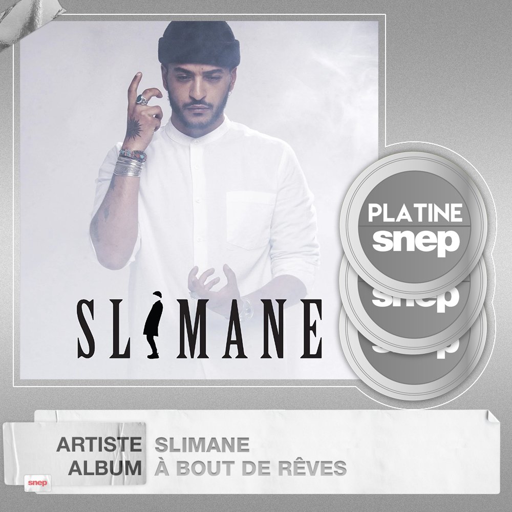 snep's tweet photo. • Nouvelle certification 🏆
🎤 Slimane
💽 À bout de rêves
💿💿💿 Album Triple Platine
📈 300k équivalents ventes

Bravo ! 👏 https://t.co/W6GuqSxKkv