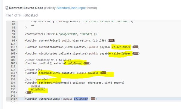 0_0eth's tweet photo. 2. Ownership take over
For this source code, most of the functions has onlyOwner or callerIsUser. However the “TeamMint” do not set any ownership limit. The function setTeamMint has onlyOwner, it probably will set the boundary for who can do TeamMint. https://t.co/TkpVKwizEB