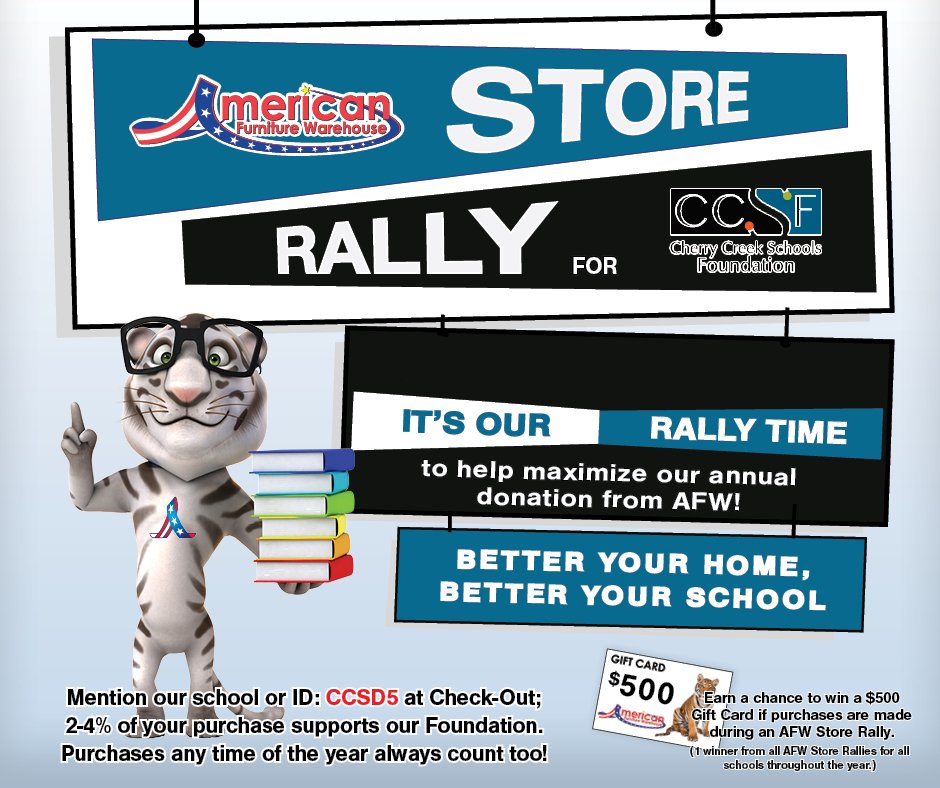 Support Cherry Creek Schools students, teachers and schools every time you furnish your home! Just mention CCSD5 at checkout and a portion of the proceeds will go toward furthering educational opportunities in CCSD! 🛋🪑🛏

MORE INFO: bit.ly/CCSFCommNights

#CCSDK12