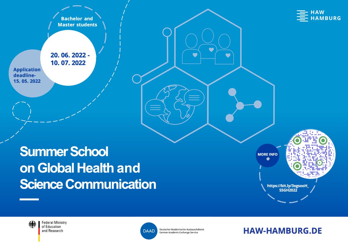 EsidaNetwork's tweet photo. Application deadline extended till May 15th! 🤓
From June 20th to July 10th 2022, @HAW_Hamburg is conducting an Online #ShortsCourse on #GlobalHealth 🗺️ and #ScienceCommunication 🗣️ for advanced Bachelor's &amp; Master's students of health science subjects!
👉 https://t.co/COtMh6nGZn https://t.co/6DaFtP0qMJ