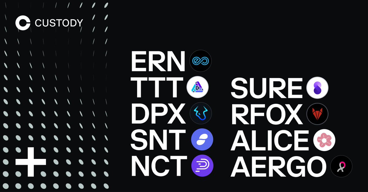 CoinbaseAssets's tweet photo. Coinbase Custody now supports deposits and withdrawals for $ERN, $TTT, $DPX, $SNT, $NCT, $SURE, $RFOX, $ALICE, and $AERGO.

Details here → https://t.co/HtybLZye3z https://t.co/G728MmRm54