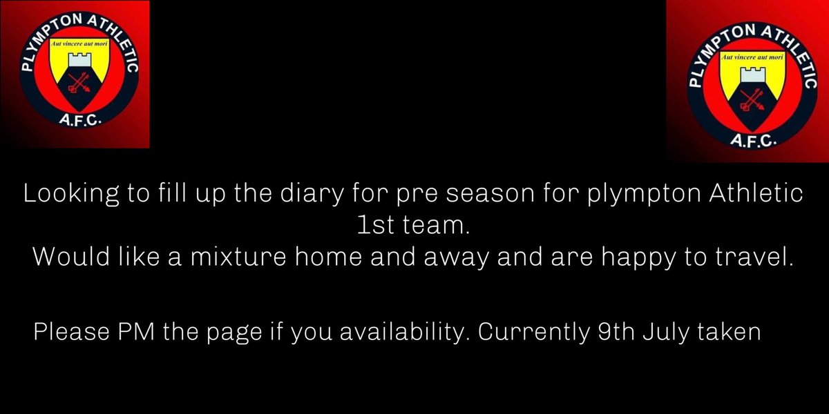 #PRESEASON #FIXTURES 
Plympton Athletic first team require dates to be filled for pre season, happy to travel for games
#Plympton 
<a href="/PLsportsnews/">PlymouthSportsNews</a> <a href="/swsportsnews/">South West Sports News</a> @DFLeague2019 <a href="/swpleague/">WALTER C. PARSON PENINSULA LEAGUE</a>
