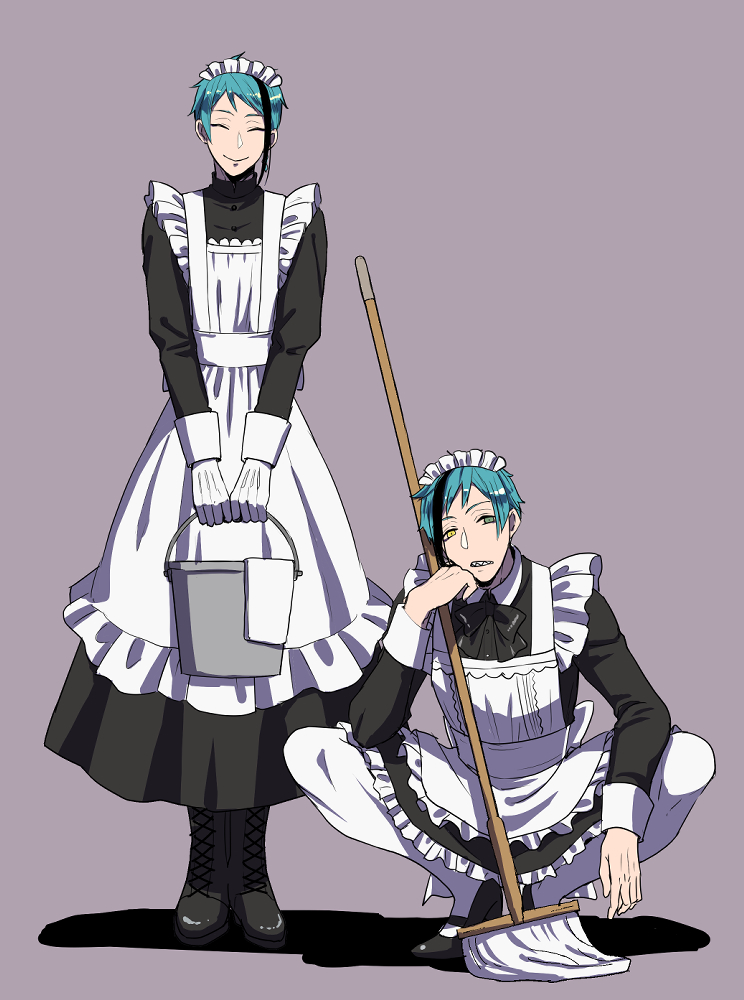 maid male focus apron maid headdress streaked hair squatting siblings  illustration images