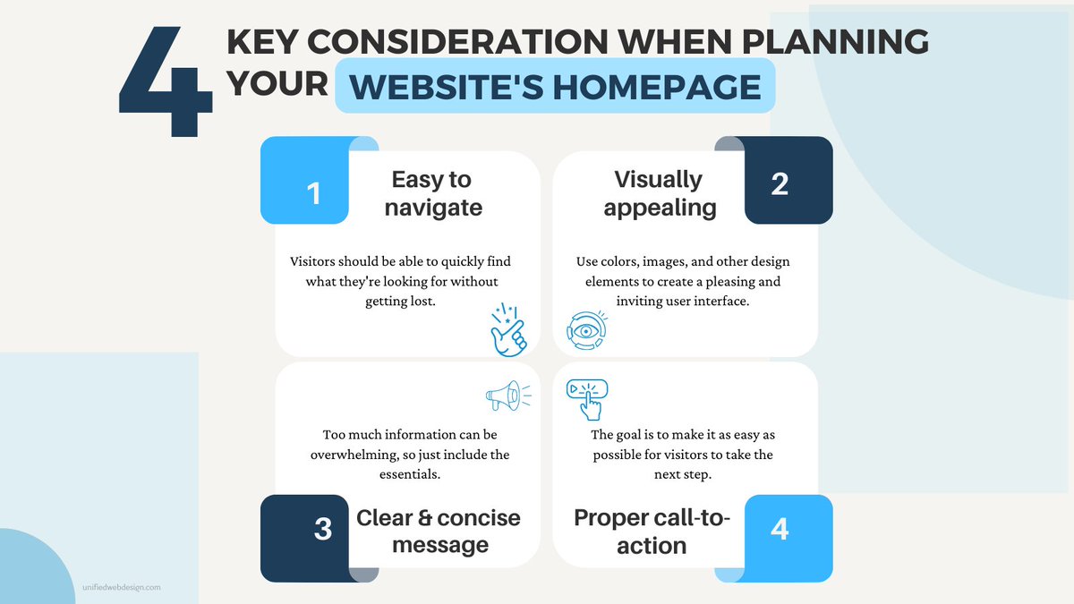UnifiedWD's tweet image. Your website&apos;s homepage is the first impression you make, so make it count! Follow these four key considerations and you&apos;re sure to make a positive impact.

#websitehomepage #homepagedesign #websiteplan #webdesign #webdevelopment #abovethefold #websitetips