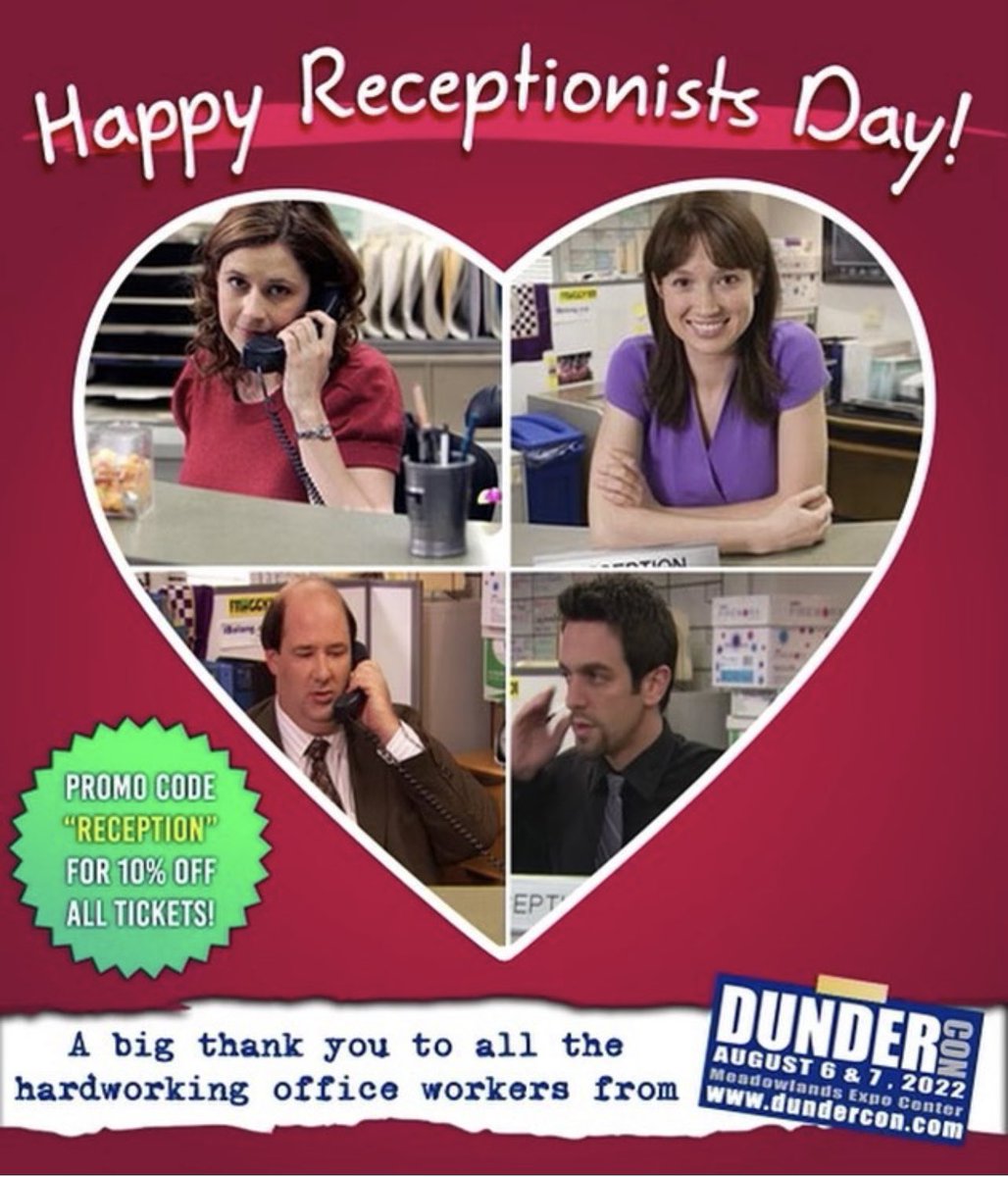 OfficeReunion's tweet image. Use promo code “reception” and Get 10% off today only for your Admission Tickets! Dundercon.com
#ReceptionistDay 
BONUS: Which receptionist is missing? #theoffice #dundermifflin #dundercon