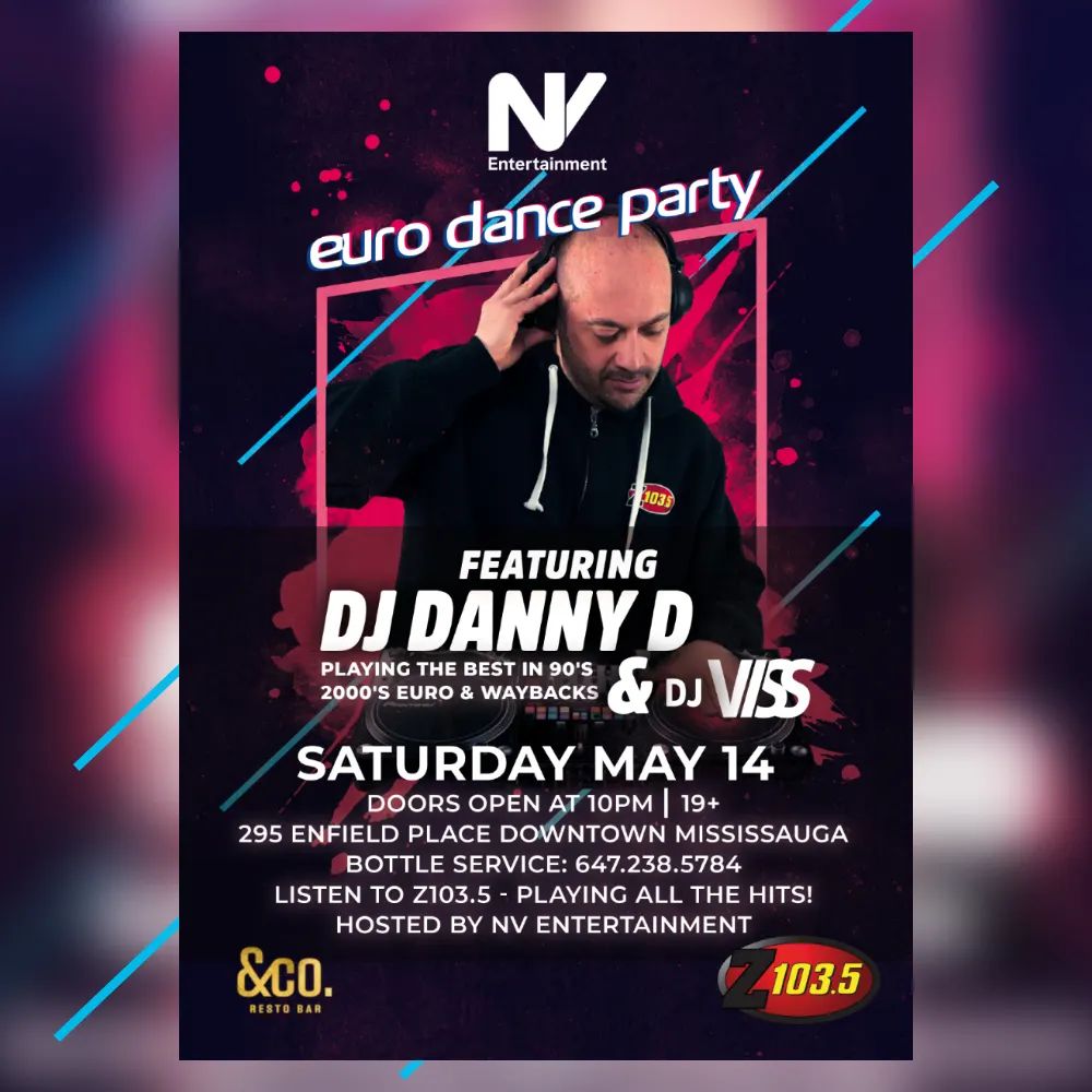 #EURODANCEPARTY w/<a href="/TheRealDJDannyD/">DJ Danny D</a> at &amp;CO. RESTO BAR in #Mississauga #Saturday May 14/22. Playing all your favourite #90s #2000s EURO/WAYBACKS all night. Hosted &amp; brought to you by @nvgta $30 entry, 19+ event, <a href="/AndCoRestoBar/">&Company Resto Bar</a>, 295 Enfield Pl, Mississauga #DJ #music #beats #club