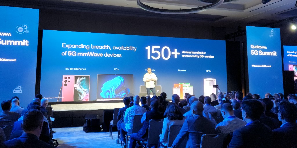 Qualcomm's tweet photo. There are currently 150+ #5G #mmWave devices announced or in development from 50+ OEMs. This includes smartphones, PCs, hotspots, modules, and CPEs. The progress doesn't stop there — we're also working alongside our partners to bring commercial mmWave to Japan. #Qualcomm5GSummit https://t.co/zmoGLj8zJj