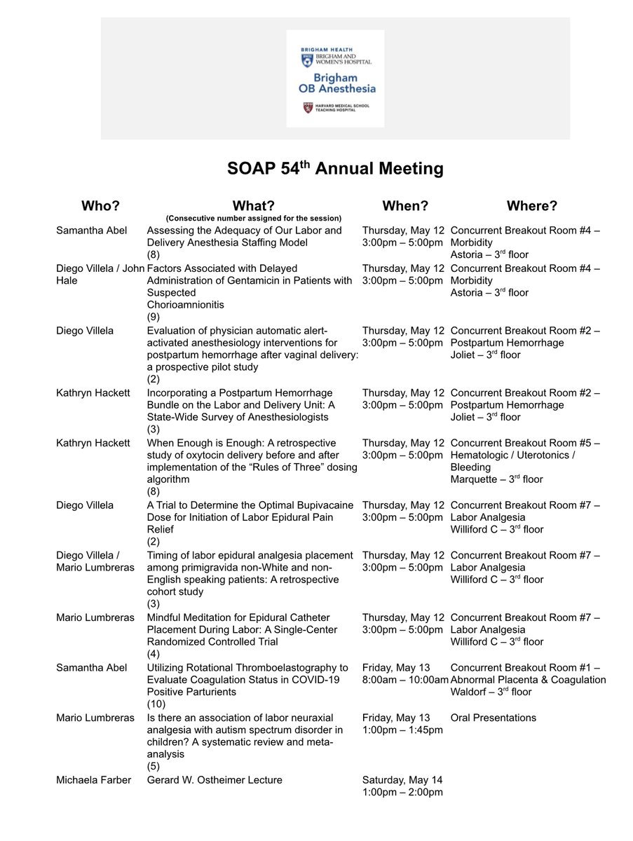 MGB_OB_Anes's tweet image. We are looking forward to a fantastic Brigham OB anesthesia showing at #SOAP2022, capped off by the highlight of the meeting, the Ostheimer lecture given by @FarberMichaela!