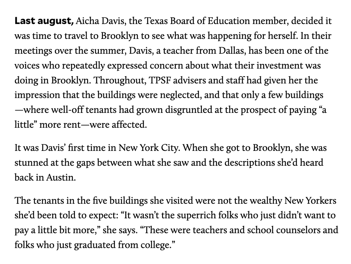 12/ And hats off to Texas School Board member Aicha Davis, who when told by the PE investors that they shouldn't worry about these tenants, all these units were in desperate need of rehab and/or that tenants were rich, flew to NYC to look for herself motherjones.com/politics/2022/…