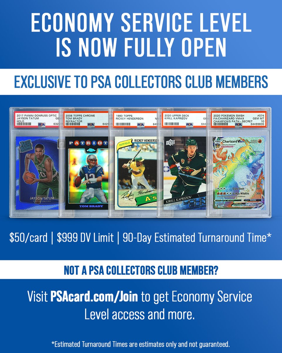 As we continue to re-open service levels, we are excited to announce today that our Economy Service Level is now fully open to PSA Collectors Club members, with no submission quantity limits! 🤝➡️ psacard.com/join