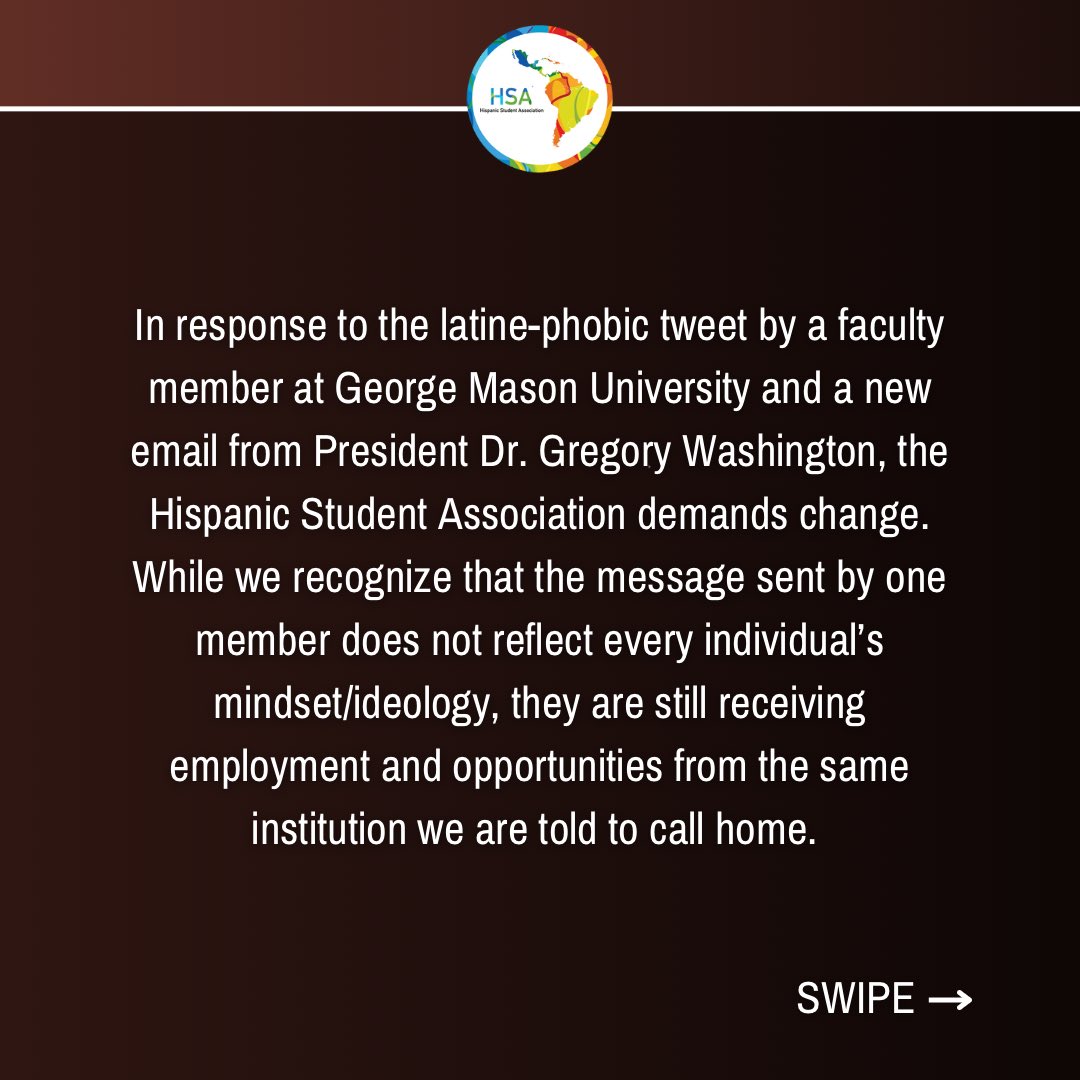 LSA_GMU's tweet photo. Following the recent Latine-phobic tweets from a Mason Law Professor, Frank Buckley, the Hispanic Student Association has a few remarks. #UnidosPorLaCultura https://t.co/R62YMP7CYV