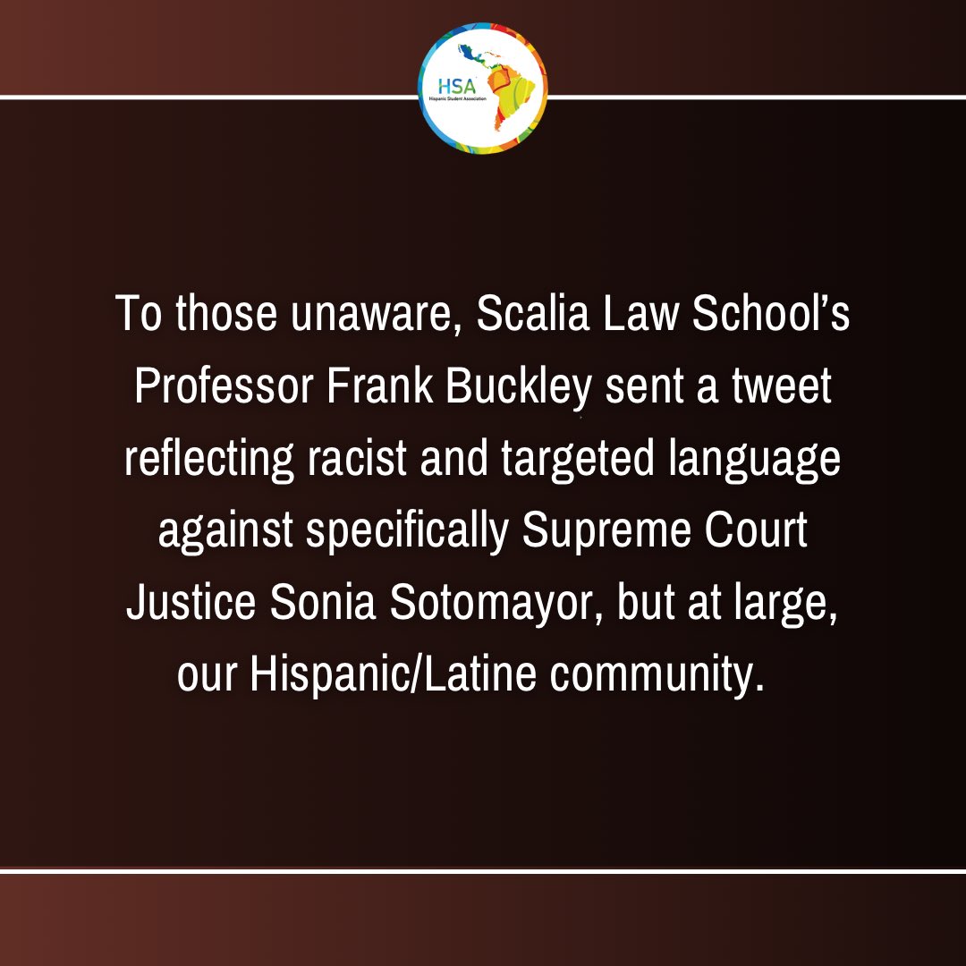 LSA_GMU's tweet photo. Following the recent Latine-phobic tweets from a Mason Law Professor, Frank Buckley, the Hispanic Student Association has a few remarks. #UnidosPorLaCultura https://t.co/R62YMP7CYV