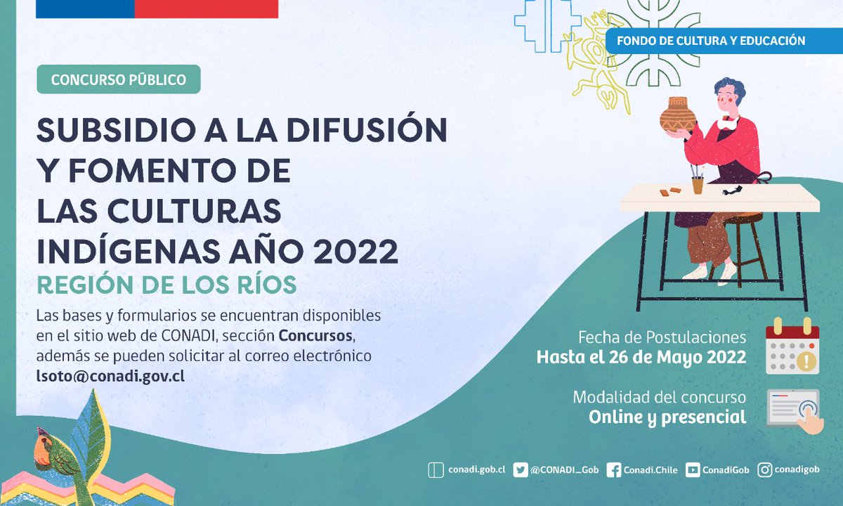 CONADI_Gob's tweet photo. 🔴ATENCIÓN! En la Región de #LosRíos hasta el 26 de mayo puedes postular al #ConcursoCONADI que apoya la difusión y fomento de las culturas indígenas ℹ️ Más información👉https://t.co/KyKuPeH8iM Sección "Concursos" #ChileApoya https://t.co/H7sC821jw2