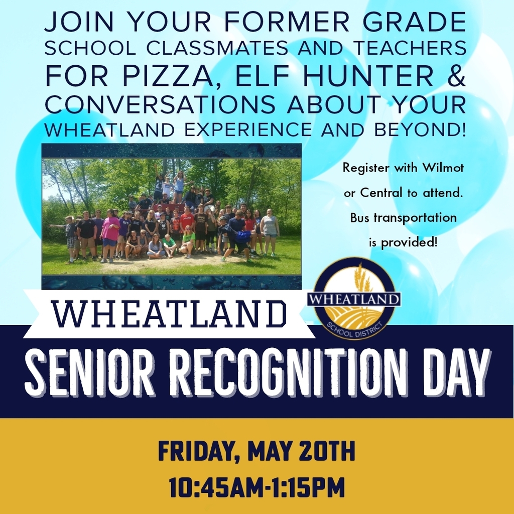 WCSWarhawks's tweet photo. ATTENTION high school seniors who attended Wheatland! Join us for conversation, pizza, &amp; Elf Hunter as we resume our annual Senior Recognition Day tradition on Friday, May 20th! Reconnect with your former classmates &amp; teachers as we celebrate your accomplishments! #wcsflight https://t.co/ilgxQDncs6