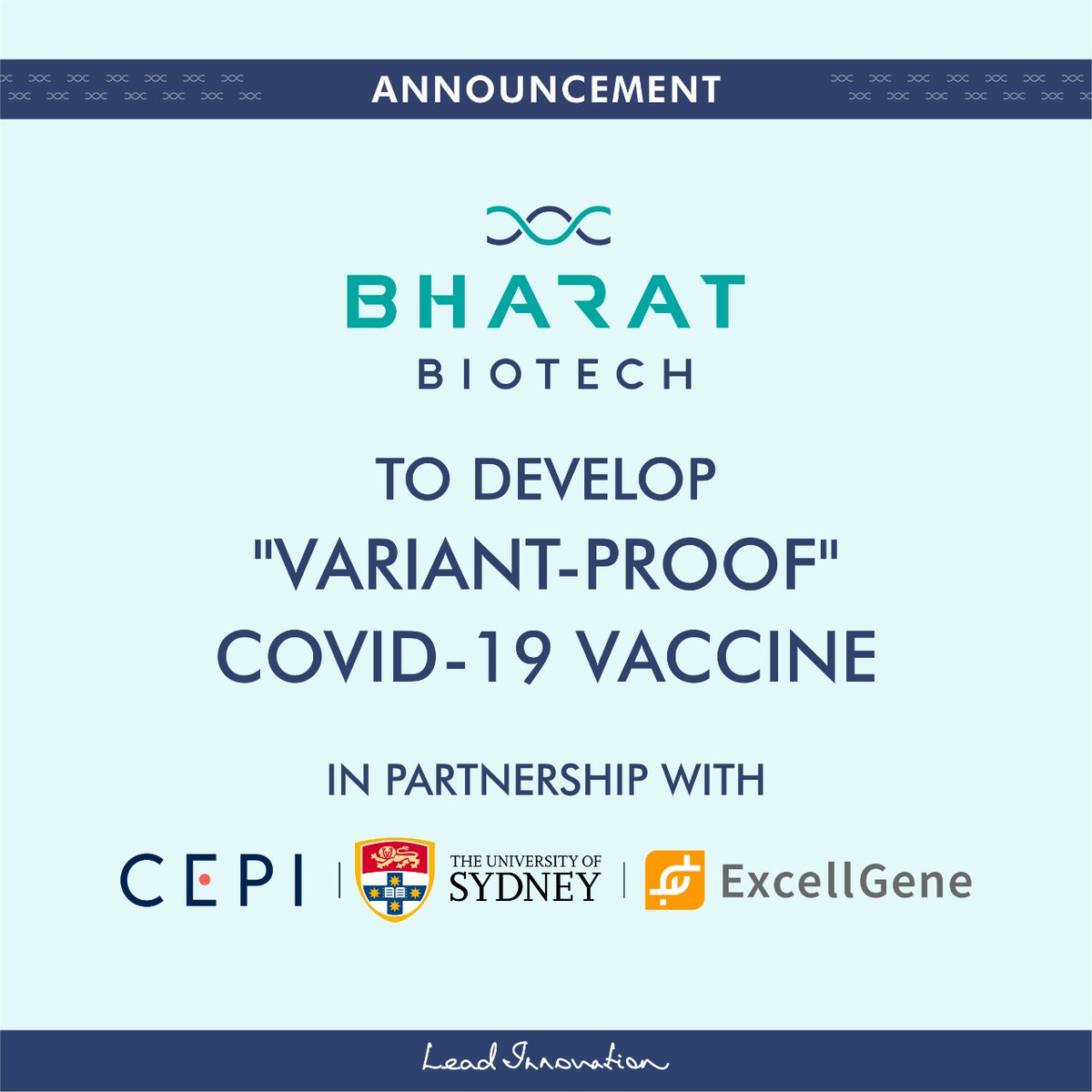 BharatBiotech's tweet photo. CEPI partners with consortium of Bharat Biotech, University of Sydney and ExcellGene to develop 'variant-proof' COVID-19 vaccine.
#BharatBiotech #COVID19Vaccine #partner #variantproof #develop #vaccine #vaccinedevelopment #cepi #leadinnovation https://t.co/KmtNlWJeeE